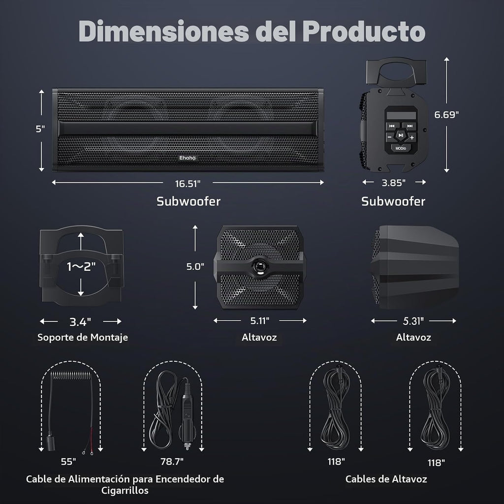 Ehaho Barra de sonido estéreo UTV de 2.1 canales (subwoofer) y altavoces, barra de sonido Bluetooth ATV de 16.9 pulgadas con luces RGB, altavoces impermeables para carrito de golf, barra de sonido