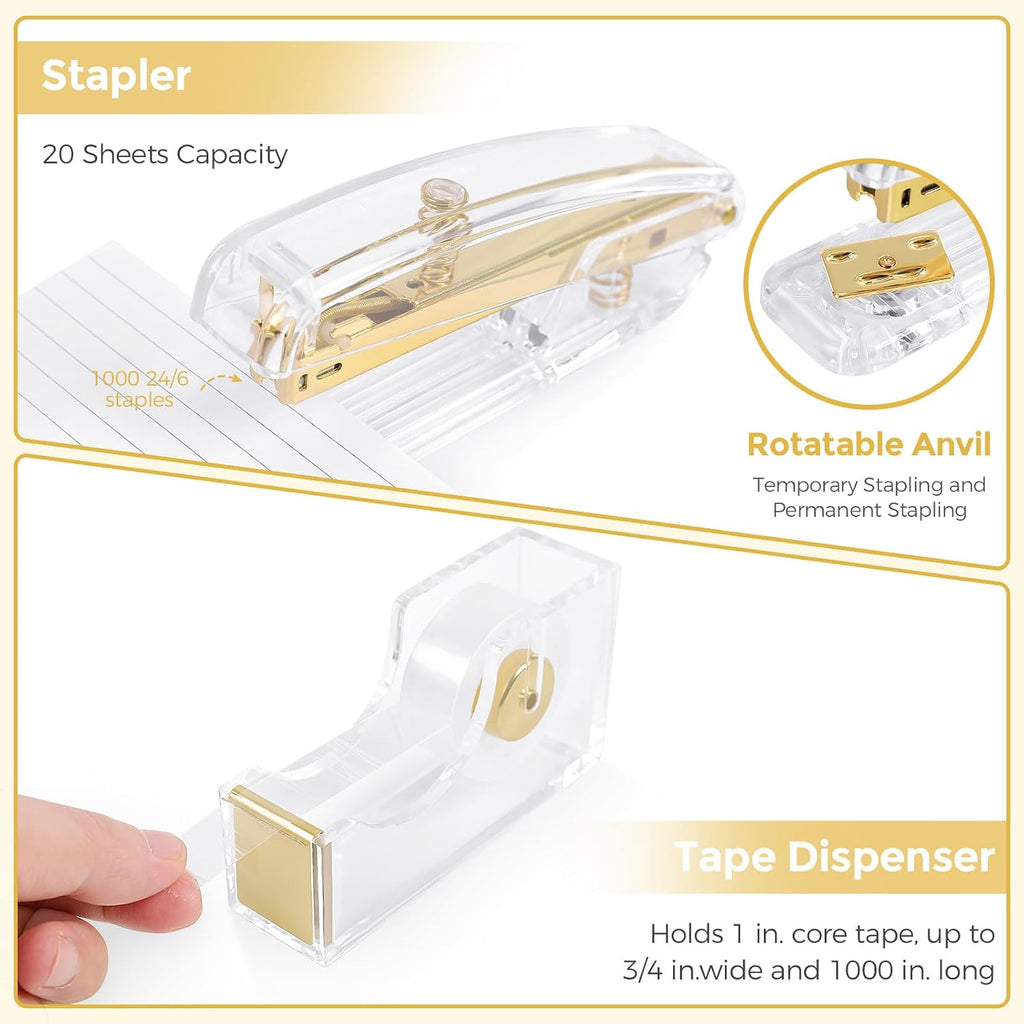 SKYDUE Juego de suministros de oficina dorados, soporte para lápices para escritorio, bolígrafo de gel, grapadora, dispensador de cinta, tijeras, clips y 1000 grapas, decoración de oficina para