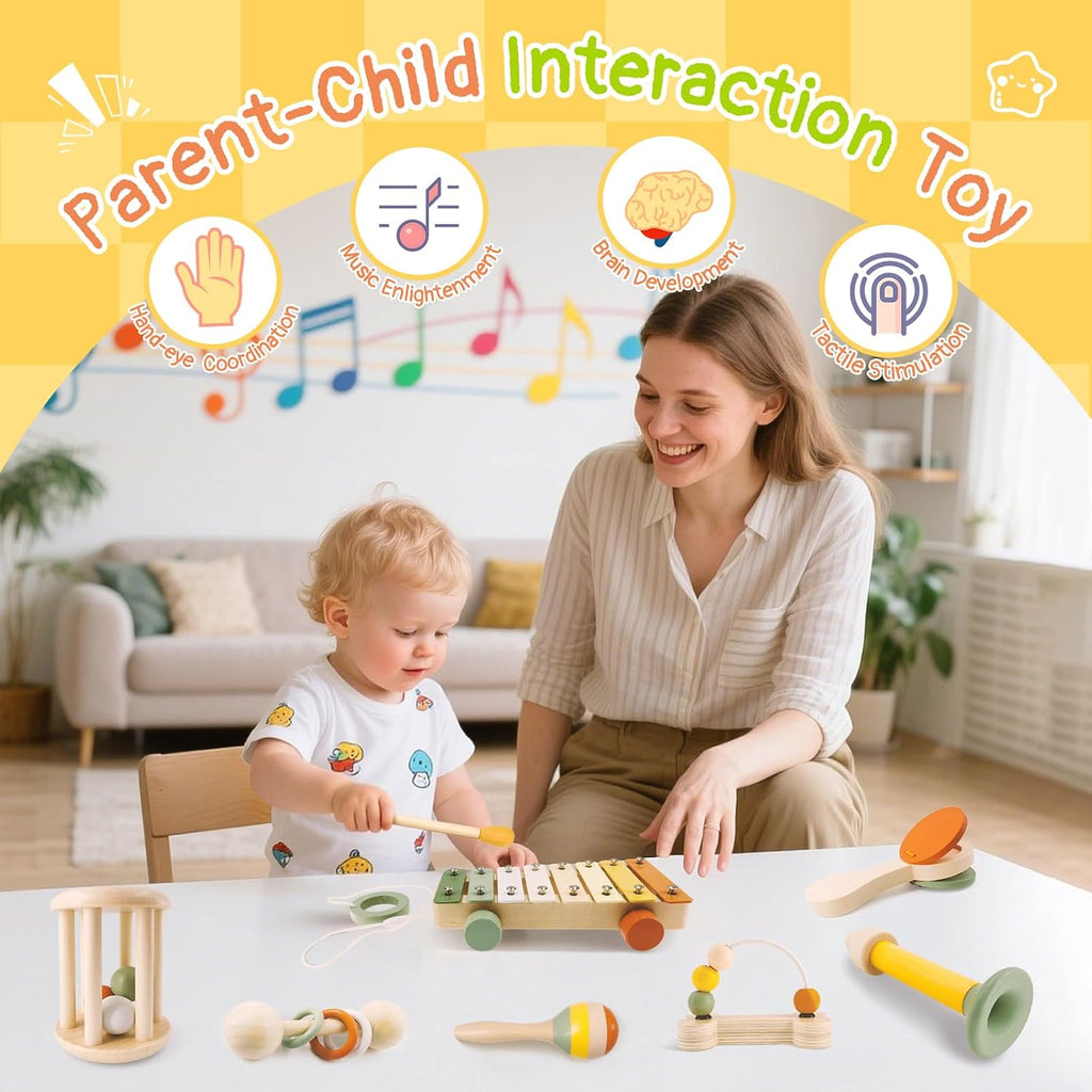 Instrumentos musicales de madera para niños pequeños de 2 años en adelante, xilófono Montessori, Maracas, sonajeros, trompeta, juguetes musicales para bebés con bolsa de almacenamiento, regalos para niños y niñas
