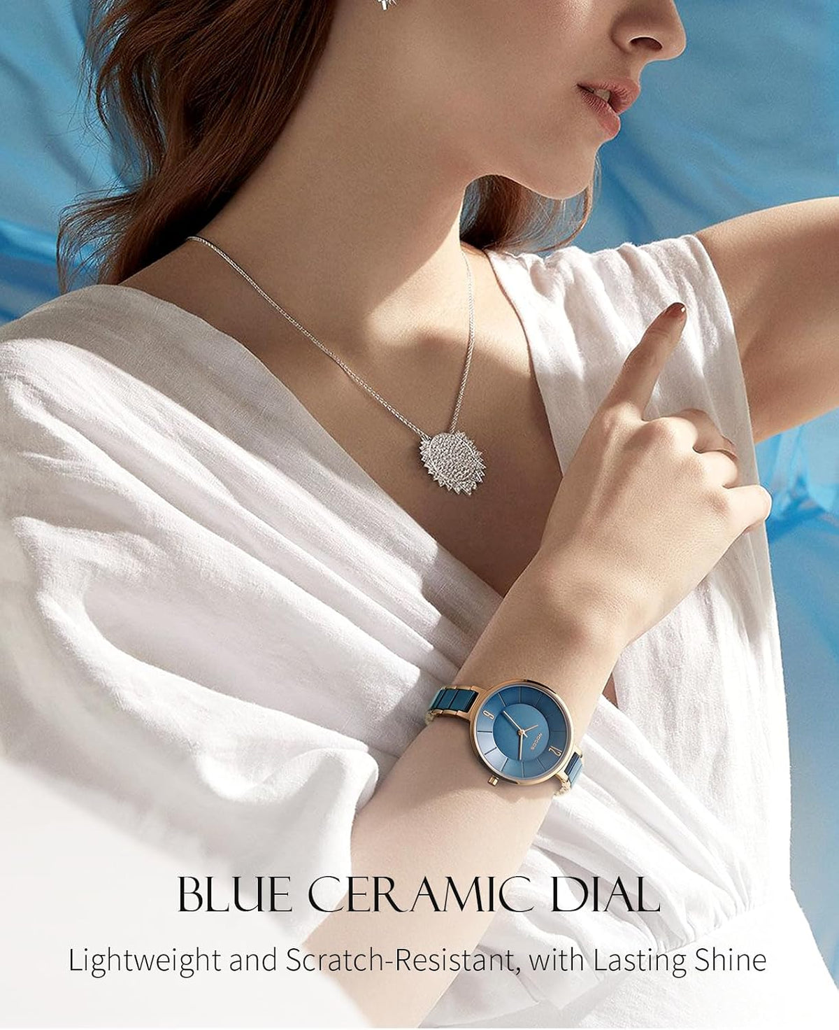 ROCOSJEWE Reloj analógico de cuarzo de cerámica para mujer, esfera azul con acento de oro rosa, diseño ultrafino, cierre de mariposa, relojes impermeables de 98.4 ft para mujer