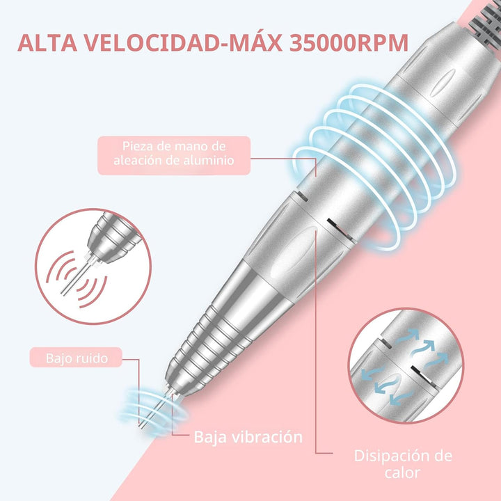 MOCOWIND Taladro de uñas portátil profesional de 35000 RPM, lima de...