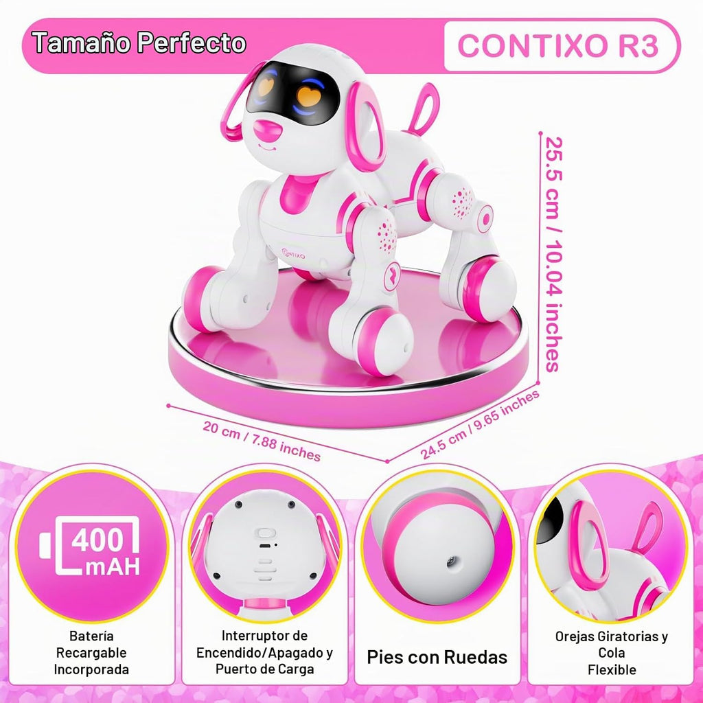 Perro robot Contixo R3 de juguete para niños - Mascota robótica inteligente con control remoto interactivo y función de baile para niños y niñas de 3 a 12 años - Rosa