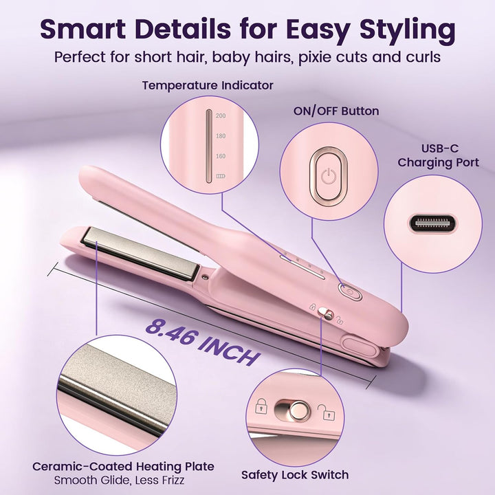 Youbella Plancha plana inalámbrica para cabello corto, mini alisado...