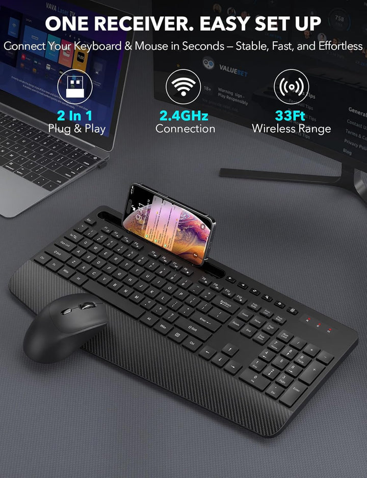 Combo de teclado y mouse inalámbrico - Teclado ergonómico de tamaño...