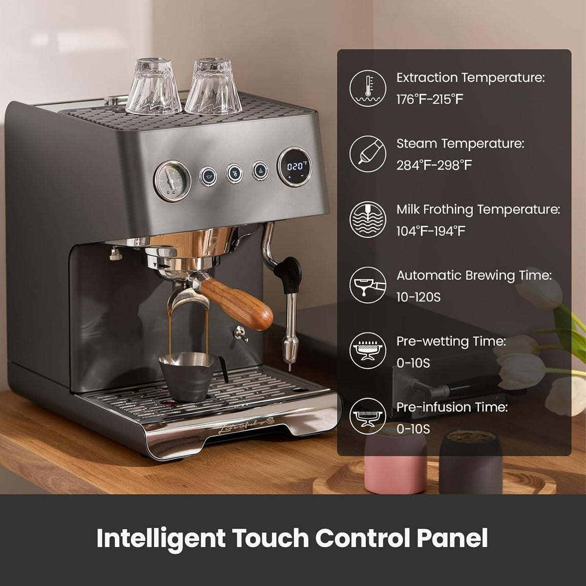 Gemilai G3028A - Máquina de café expreso, cafetera profesional de 15 bares con presión ajustable y espumador de leche automático, doble PID y caldera de 18.6 fl oz, tanque de 57 onzas, acero inoxidable para capuchino, gris latte