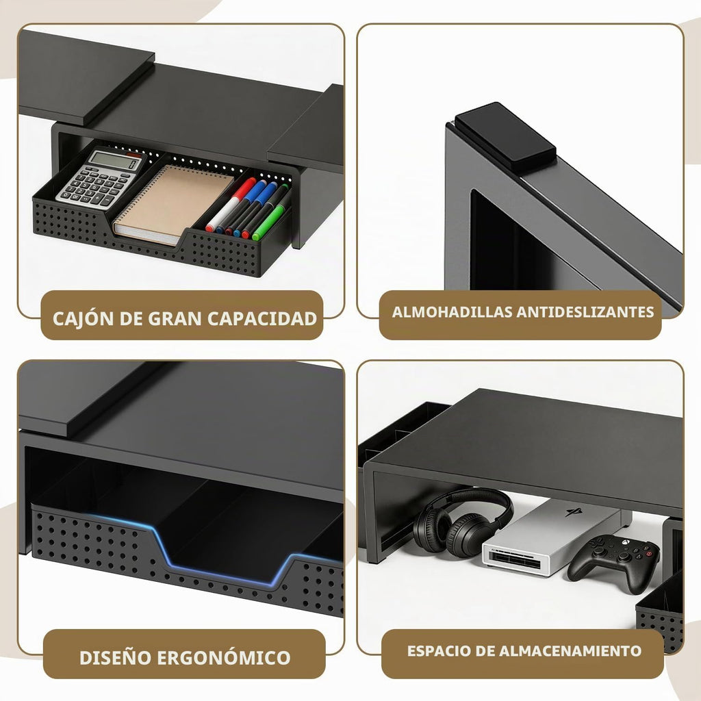 Soporte elevador para monitor doble con cajón y 2 soportes para