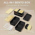Caja Bento Umami All-In-1 para adultos con 4 utensilios, frasco grande para salsa, 2 separadores, 100% a prueba de fugas, apta para microondas y lavavajillas, apilable, contenedores para almuerzo para hombres/mujeres, negro mate, 40 oz