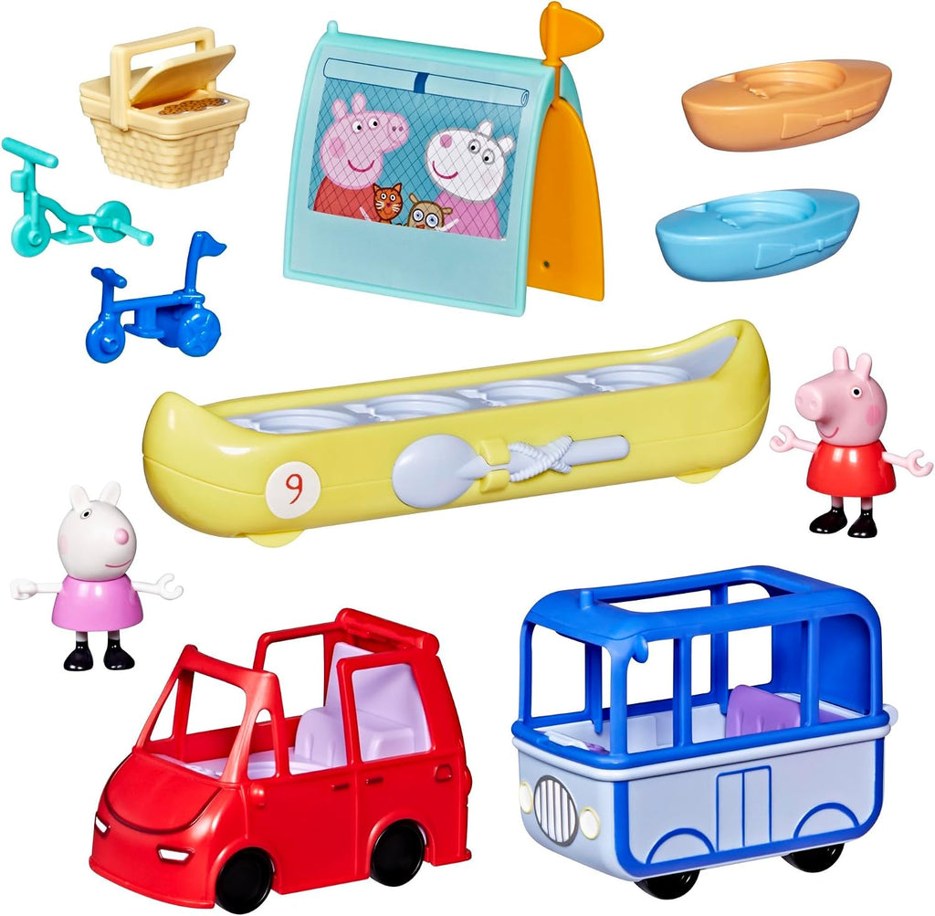Peppa Pig Peppa's Travels: juego de aventura al aire libre, 2 figuras con mini coche y autobús, barcos, tienda de campaña y más, juguetes preescolares para niñas y niños mayores de 3 años