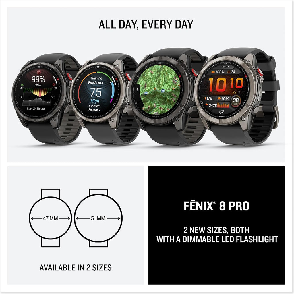Garmin Fenix 8 Pro 2.008 in, tecnología inReach, pantalla AMOLED, reloj inteligente GPS multideportivo, zafiro, gris carbón DLC titanio con banda de silicona negro/gris guijarro gris rastreador de
