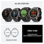 Garmin Fenix 8 Pro 2.008 in, tecnología inReach, pantalla AMOLED, reloj inteligente GPS multideportivo, zafiro, gris carbón DLC titanio con banda de silicona negro/gris guijarro gris rastreador de