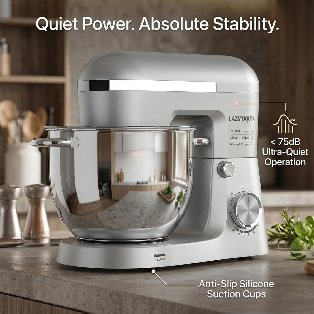 Batidora de pie 6 en 1 con cuenco de 6.5 cuartos de galón, 660 W 10+p velocidades de cocina, mezclador de alimentos de cabeza inclinable para pan y pasteles, para el hogar diario (plateado)
