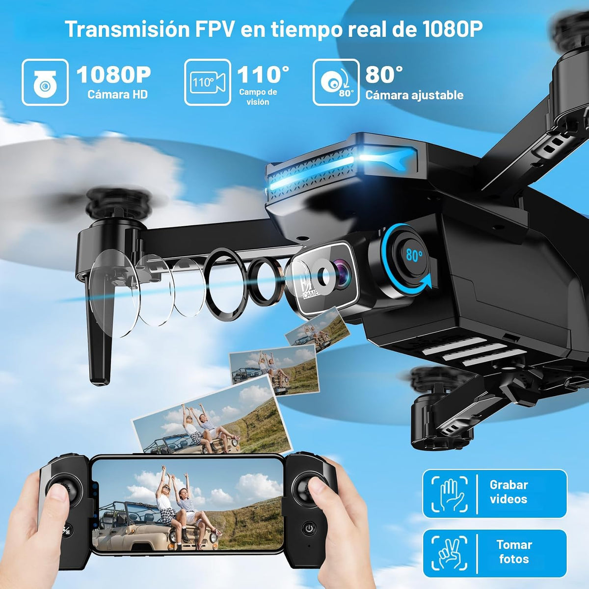 Drone con cámara 1080P - Drone plegable RC Quadcopter FPV con control