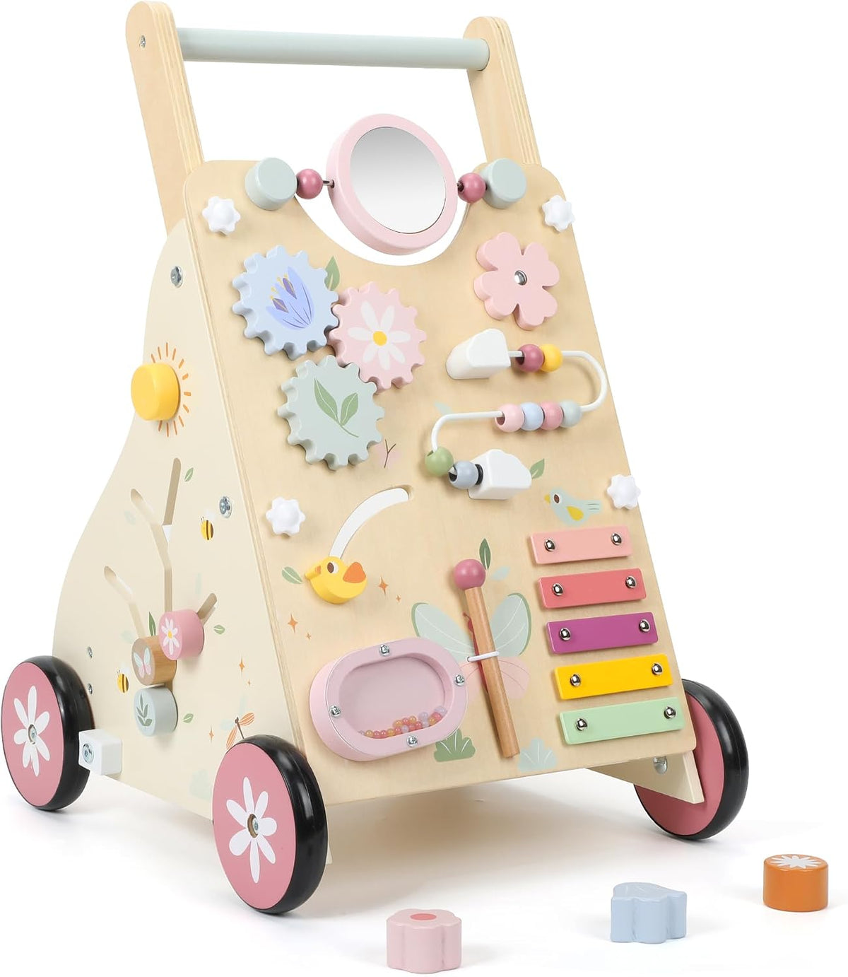 Caminador de madera para bebé, caminador de empuje para bebé, juguetes de caminador de empuje para bebés que aprenden a caminar y a pasar de sentado a de pie, con juguete sensorial