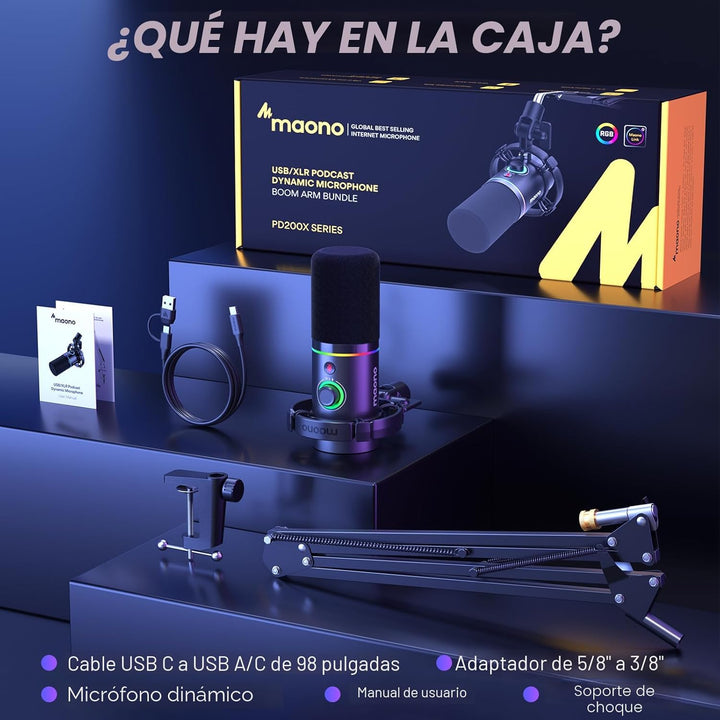 MAONO Kit de micrófono dinámico XLR\/USB, micrófono podcast RGB con...