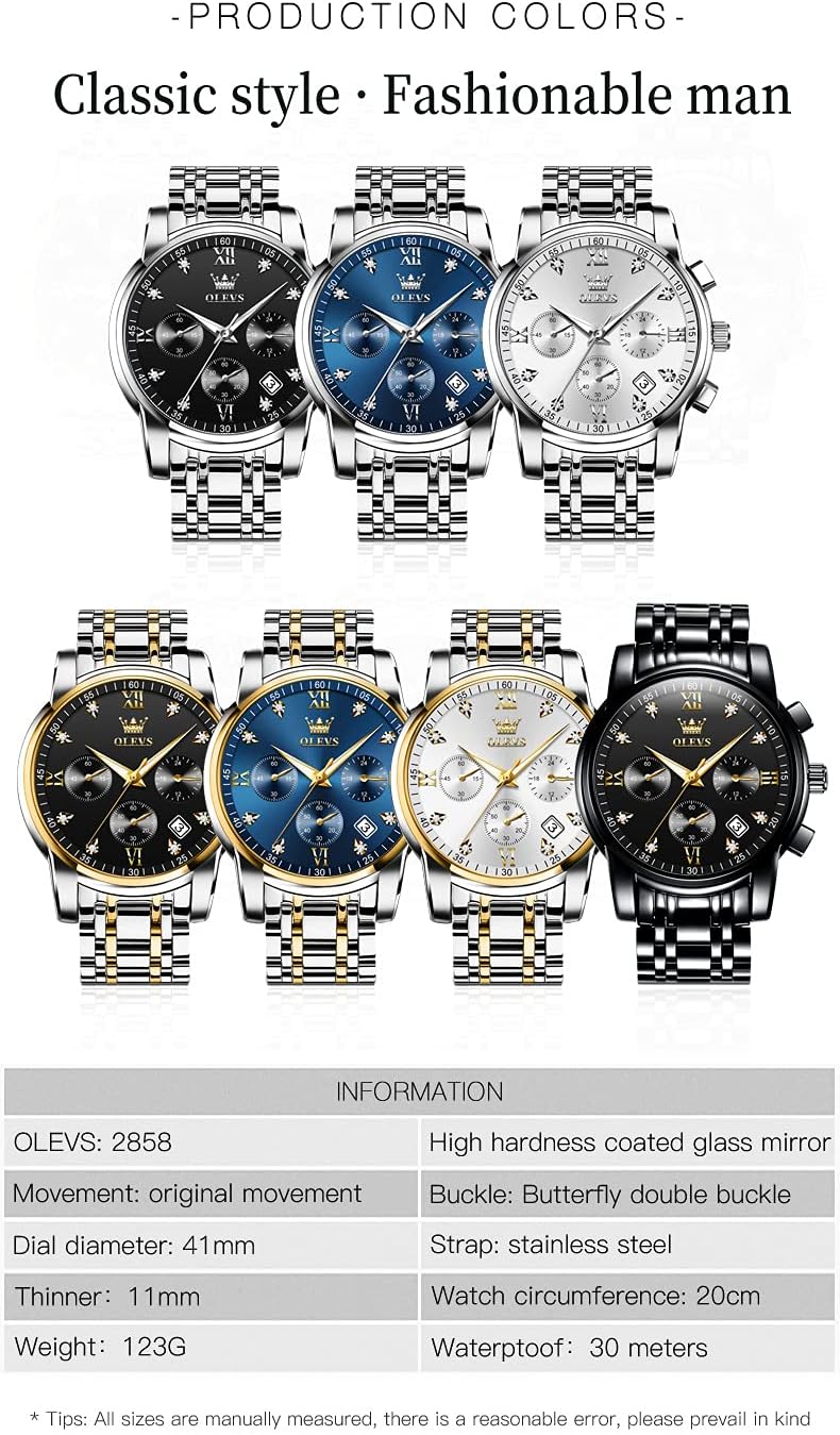 OLEVS Relojes de Oro para Hombres Reloj de Pulsera de Lujo a Prueba de Agua Gran Cara Elegante Acero Inoxidable Analógico Cuarzo Fecha Cronógrafo Luminoso Lectura Fácil Relojes de Negocios Regalos para Hombres Graduación