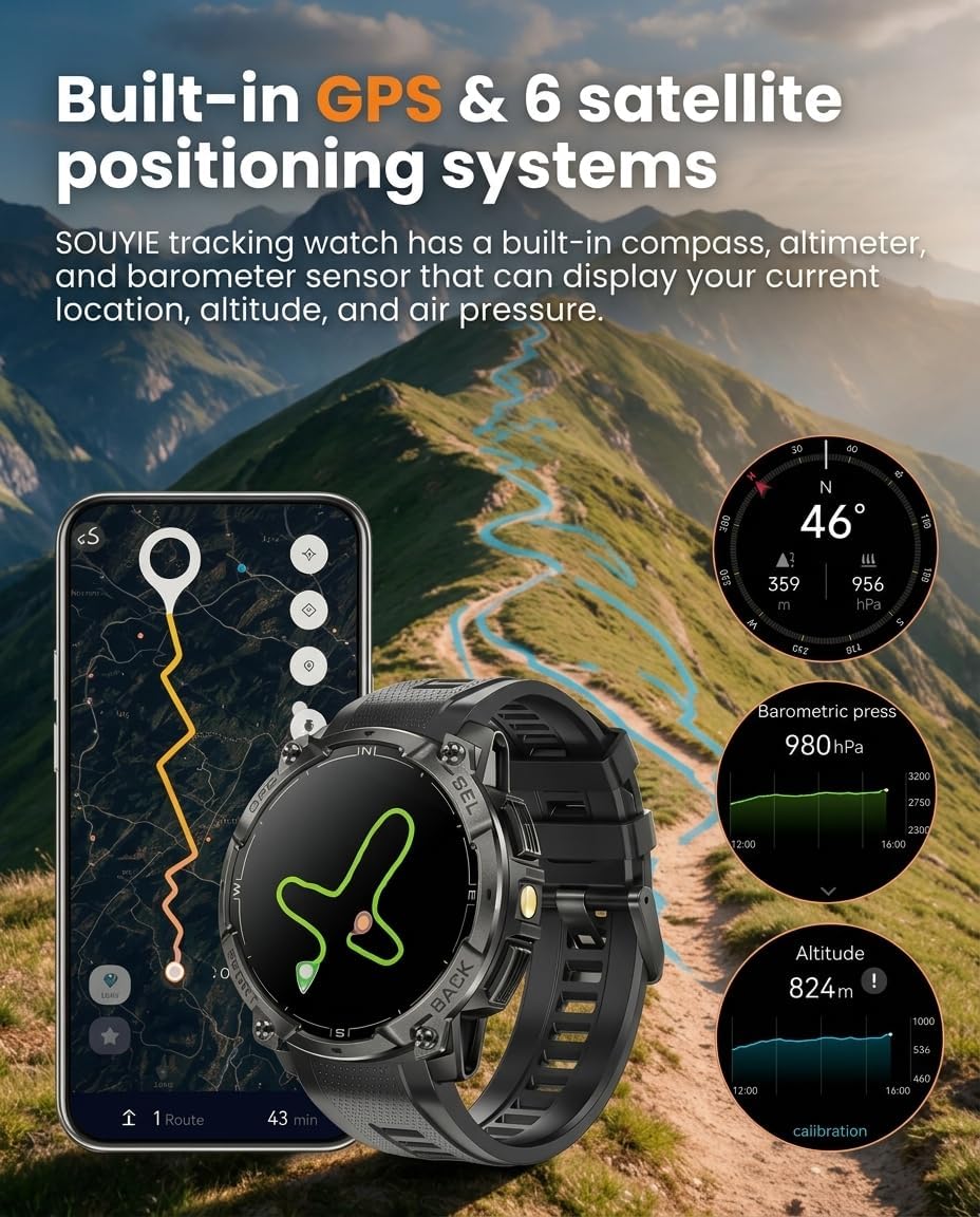 Reloj inteligente militar para hombre, GPS integrado, llamada Bluetooth