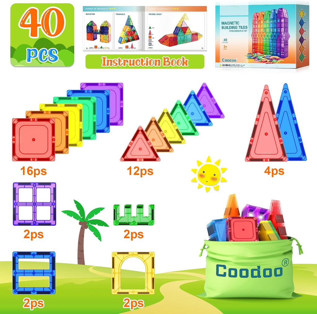 Coodoo Tiles Magnéticos para Niños Juguetes STEM Juguete Magnético de Construcción para Bebé Bloques Magnéticos para Desarrollo Preescolar Aprendizaje Sensorial Montessori Juguetes para Niños y Niñas de 3+ Años, Creatividad Segura para Niños Pequeños