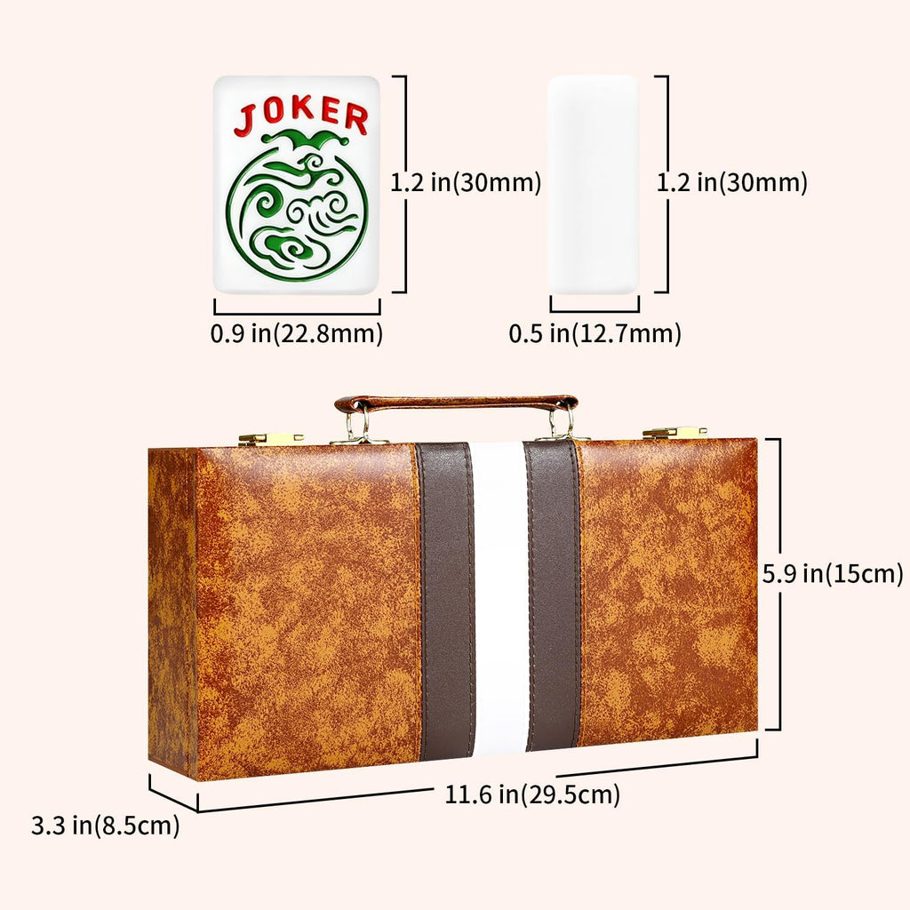 Juego de mahjong americano premium con funda de piel sintética de lujo marrón, 166 azulejos blancos, incluye fichas y dados, juego de azulejos Mahjong portátil de viaje completo