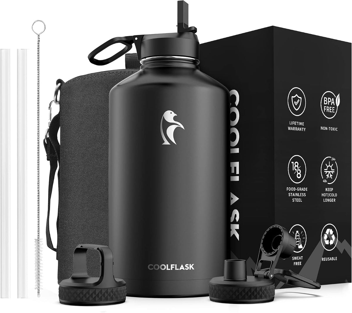 Coolflask Botella de agua de 128 onzas aislada con popote y 3 tapas a