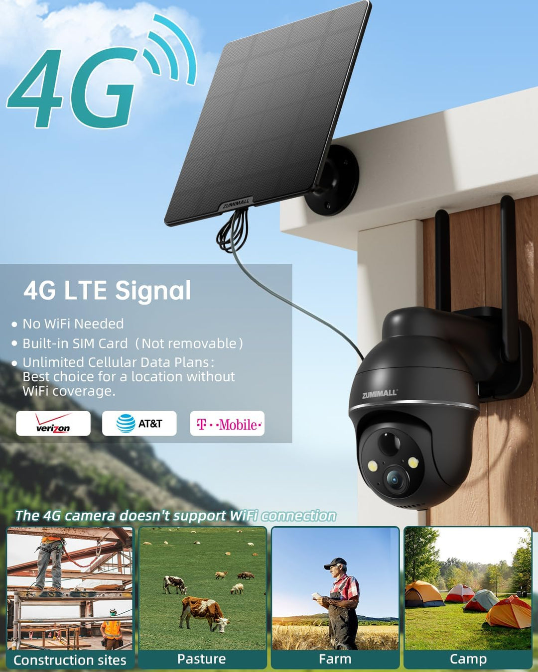 ZUMIMALL Cámaras de seguridad celulares 4G LTE inalámbricas para ex...