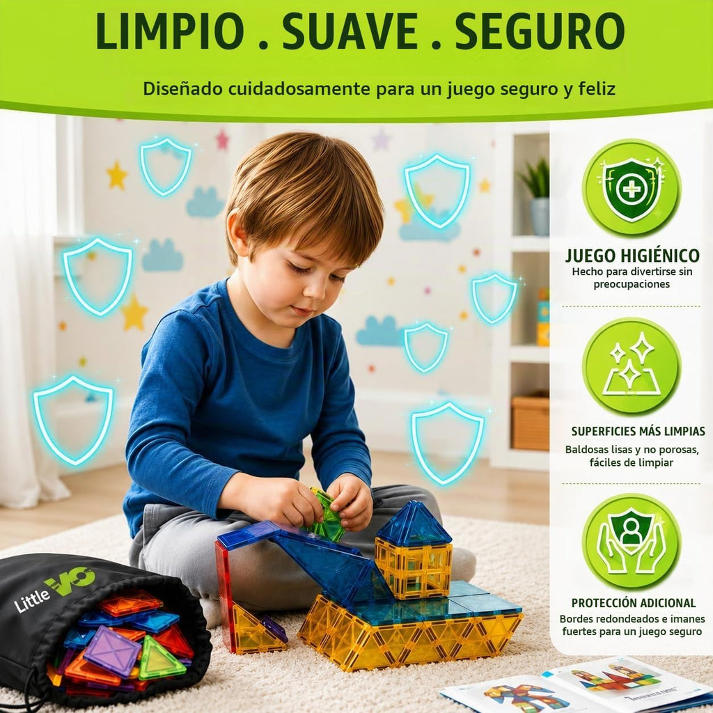 LittleVo - 180 azulejos magnéticos para niños y 2 autos, juguete de bloques