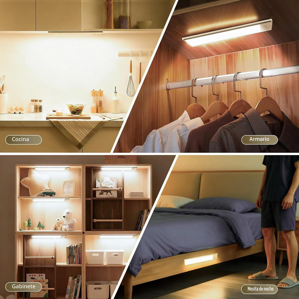 Paquete de 4 luces para debajo del gabinete, luz recargable con sensor de movimiento para interiores, luces magnéticas inalámbricas regulables, 32 luces LED debajo de la encimera para cocina, armario, escaleras, luz cálida