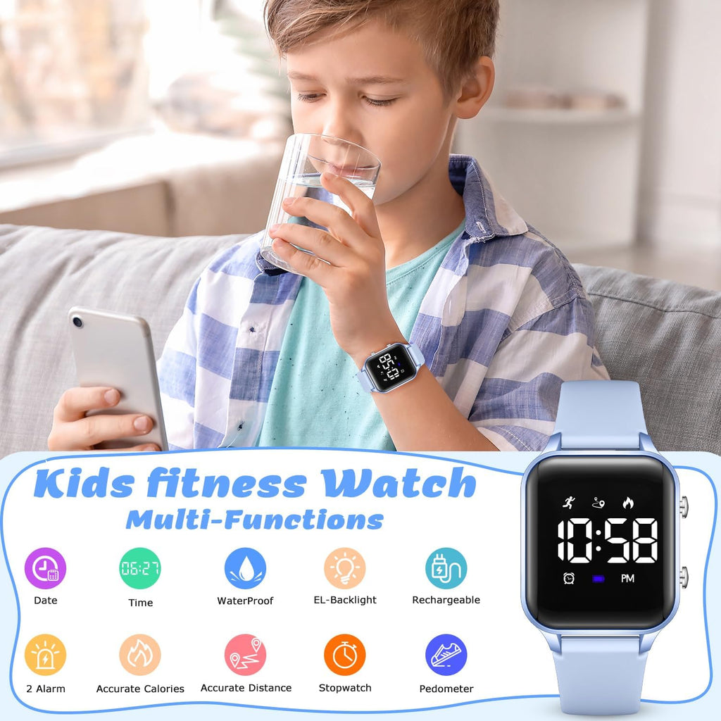 L LAVAREDO Relojes digitales para niños y niñas, reloj deportivo impermeable con podómetro, cronómetro, alarma de vibración para edades de 5 a 13 años, sin aplicación, reloj de seguimiento de