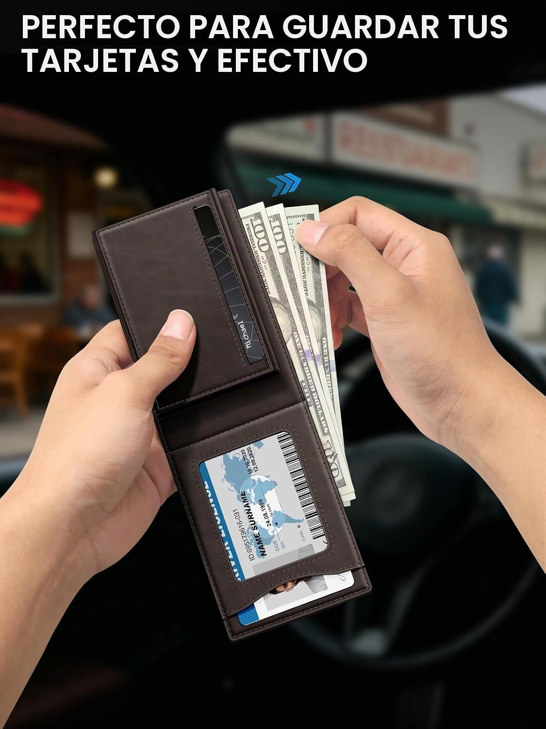 Billetera para hombre con bloqueo RFID minimalista para 12-14 tarjetas | Cartera inteligente delgada y plegable con ventana para identificación y ranura para efectivo, bolsillo frontal, estuche