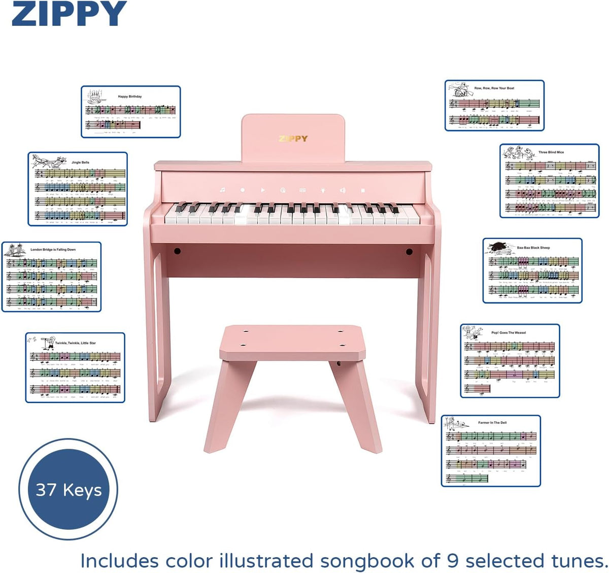 ZIPPY Piano infantil iluminado de 37 teclas con panel de control táctil