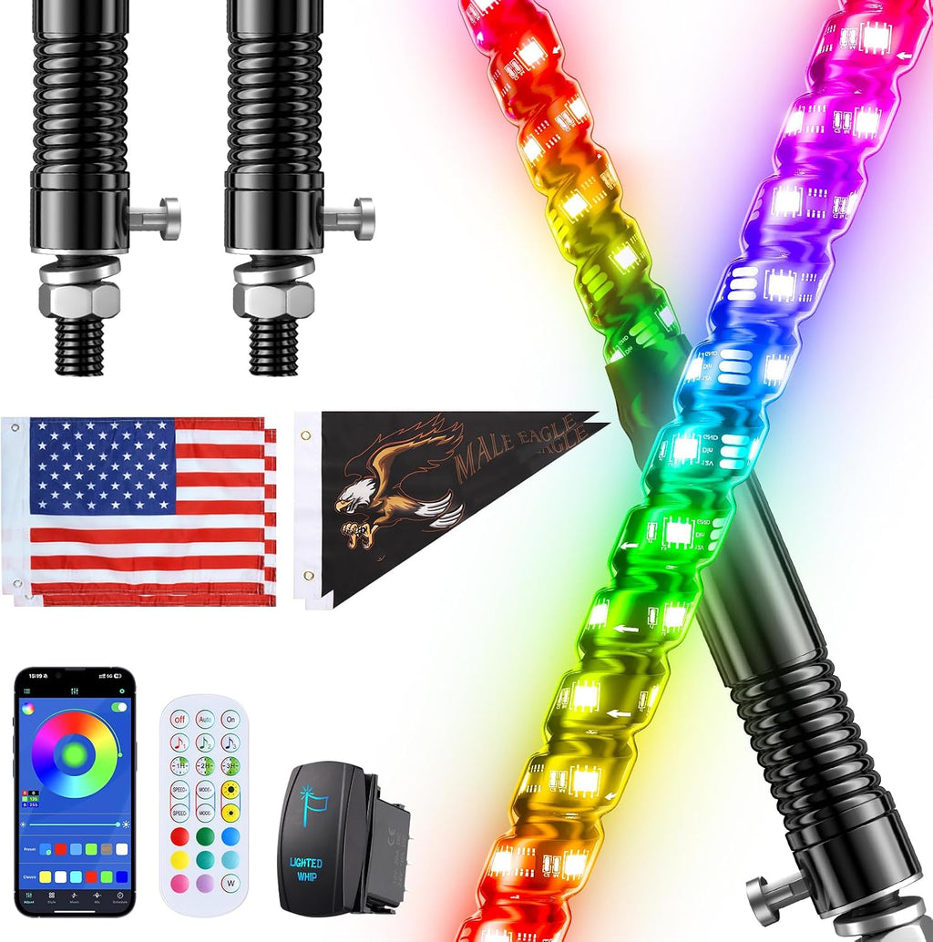 Ehaho - 2 luces de látigo de 6 pies con base de resorte, persecución RGB, aplicación y control remoto