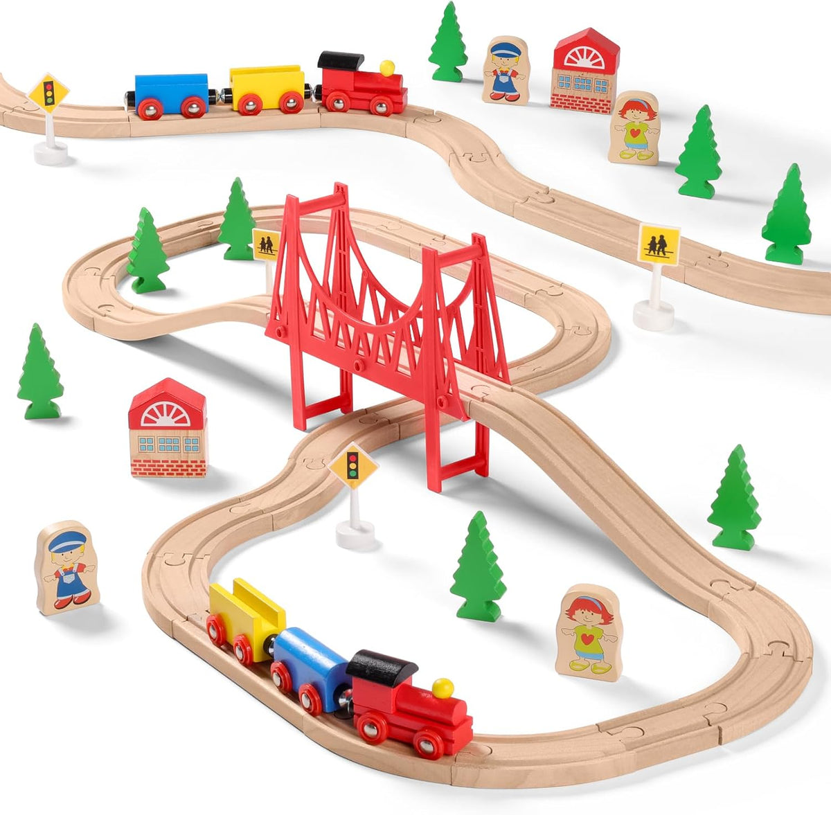 SainSmart Jr. Juego de Tren de Madera para Niños Pequeños - Vías de Madera de Doble Cara Compatible con Brio, Thomas, Melissa y Doug - Expandible, Cambiable - Tren de Juguete de Madera para Niños de 3