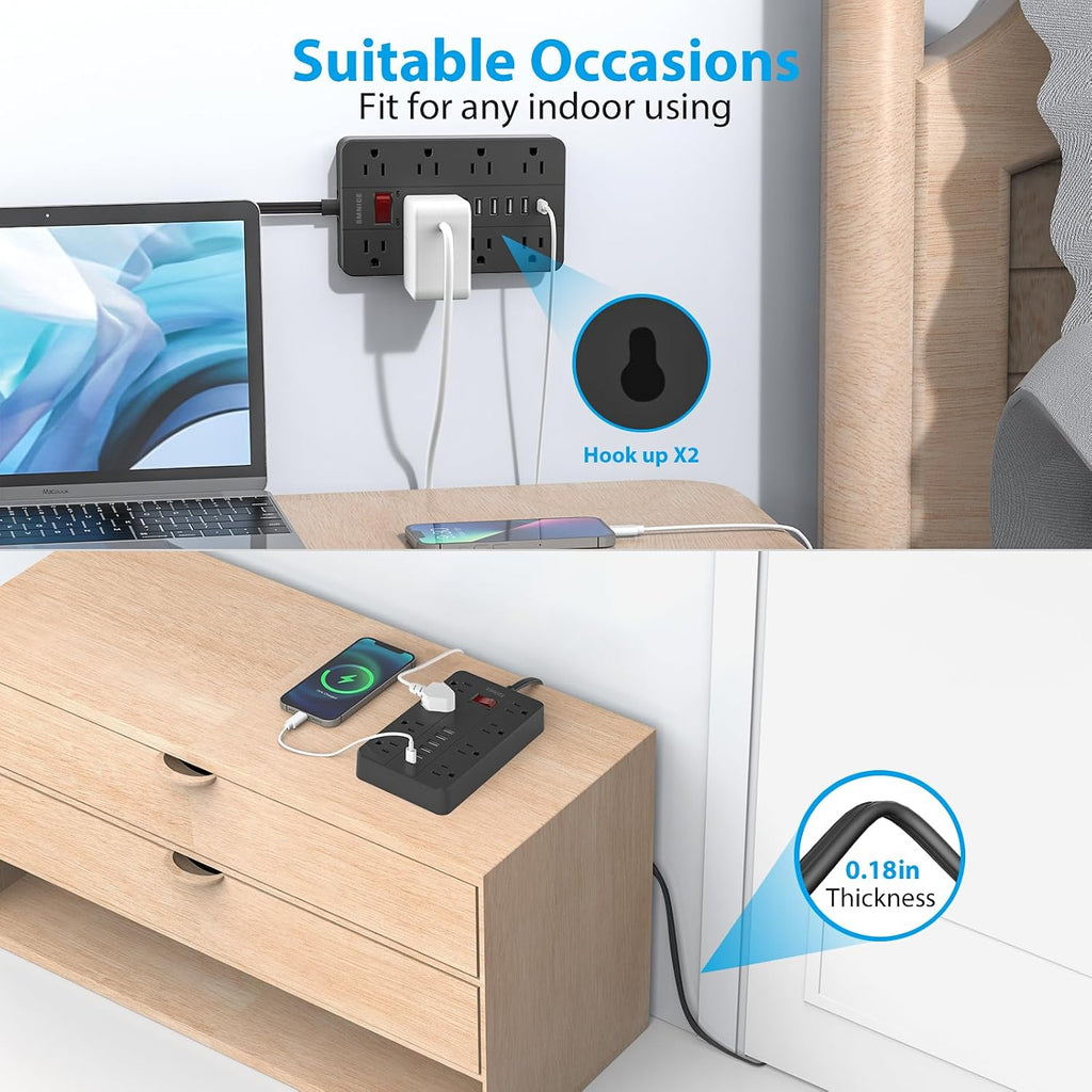 Regleta de alimentación con USB, enchufe plano con 8 tomas de corriente ampliamente espaciadas y 6 puertos USB (1USB C), cable de extensión de 5 pies de montaje en pared para smartphone