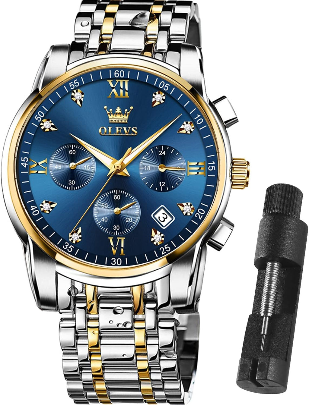 OLEVS Relojes de Oro para Hombres Reloj de Pulsera de Lujo a Prueba de Agua Gran Cara Elegante Acero Inoxidable Analógico Cuarzo Fecha Cronógrafo Luminoso Lectura Fácil Relojes de Negocios Regalos para Hombres Graduación