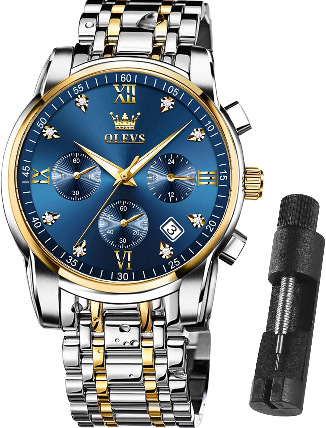 OLEVS Relojes de Oro para Hombres Reloj de Pulsera de Lujo a Prueba de Agua Gran Cara Elegante Acero Inoxidable Analógico Cuarzo Fecha Cronógrafo Luminoso Lectura Fácil Relojes de Negocios Regalos para Hombres Graduación