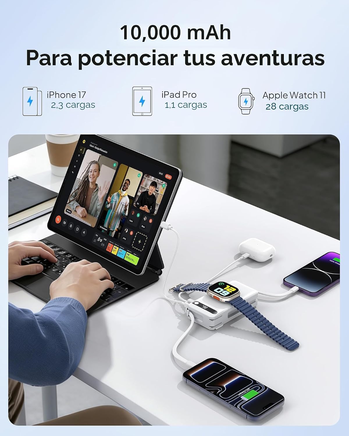10000mAh 22.5W Power Bank Cargador portátil con cables incorporados...