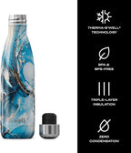 S'well Botella de agua de acero inoxidable, 17 onzas, mármol oceánico, recipientes aislados al vacío de triple capa que mantiene las bebidas frías durante 36 horas y calientes durante 18, sin BPA