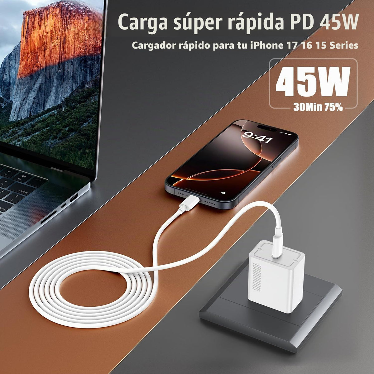 Cargador rápido de 45 W para iPhone 17 Pro Max, cables USB C súper rápidos