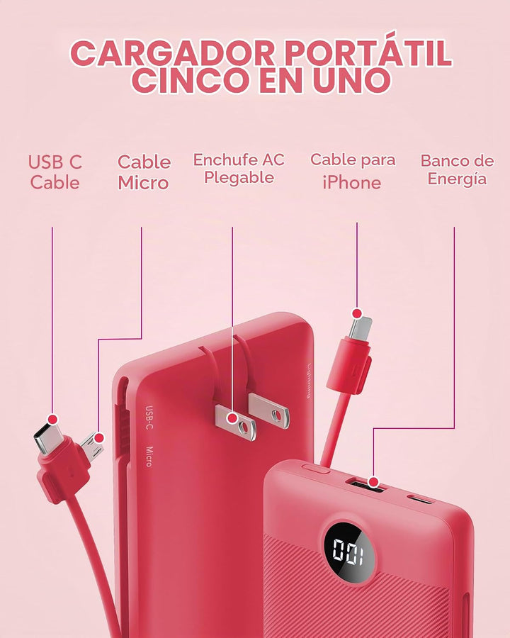 Cargador portátil con cables integrados y enchufe de pared AC, VRUR...