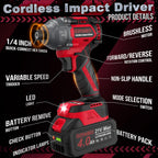 2655 in-lbs 21V Brushless 1/4" Taladro Atornillador de Impacto Inalámbrico con Cable Rojo