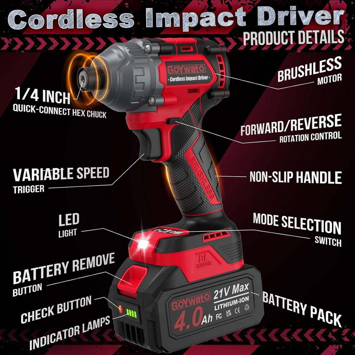 2655 in-lbs 21V Brushless 1/4" Taladro Atornillador de Impacto Inalámbrico con Cable Rojo