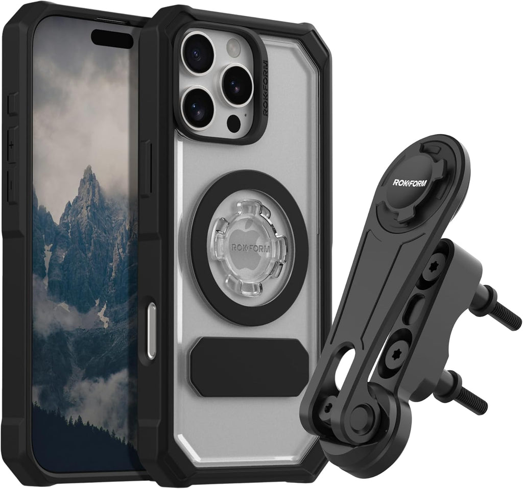Rokform Funda de cristal para iPhone 16 Pro Max + soporte de teléfono para motocicleta