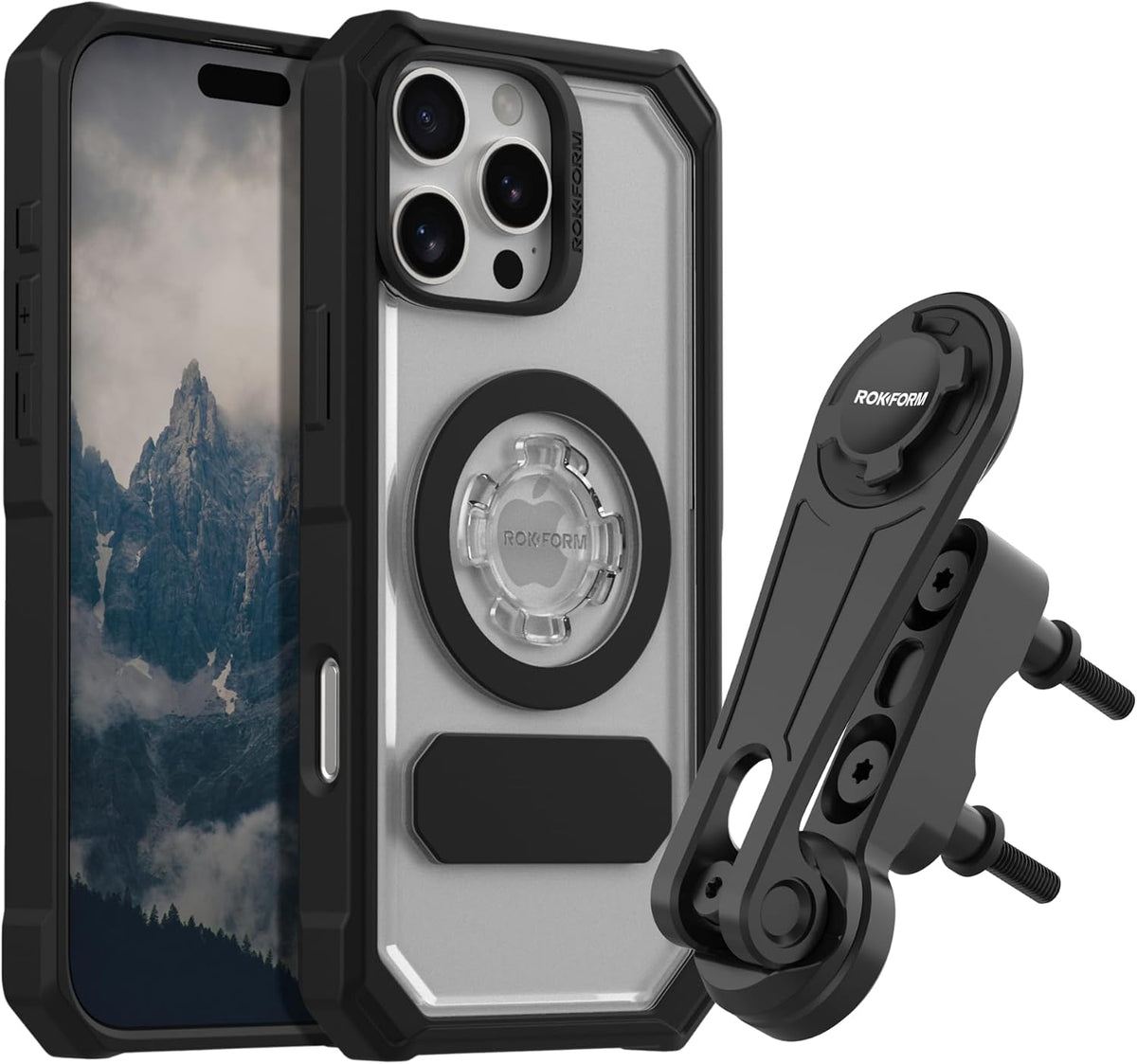 Rokform Funda de cristal para iPhone 16 Pro Max + soporte de teléfono para motocicleta