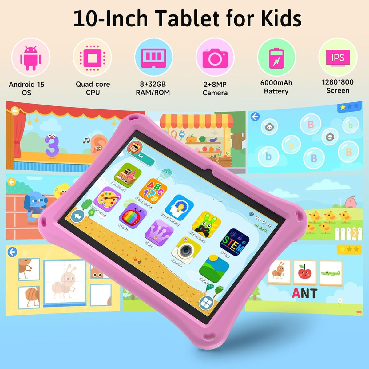 Tableta para niños Android 15 con estuche, Tableta de 10 pulgadas p...