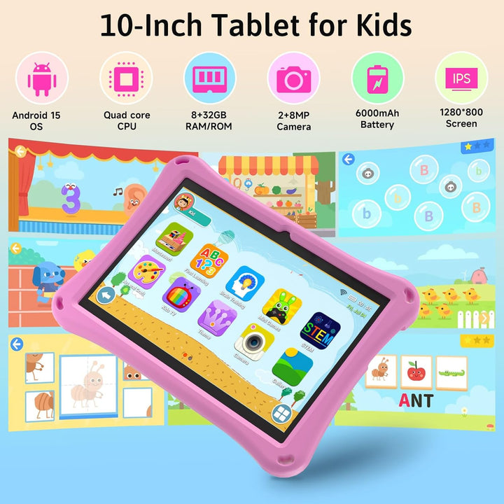 Tableta para niños Android 15 con estuche, Tableta de 10 pulgadas p...