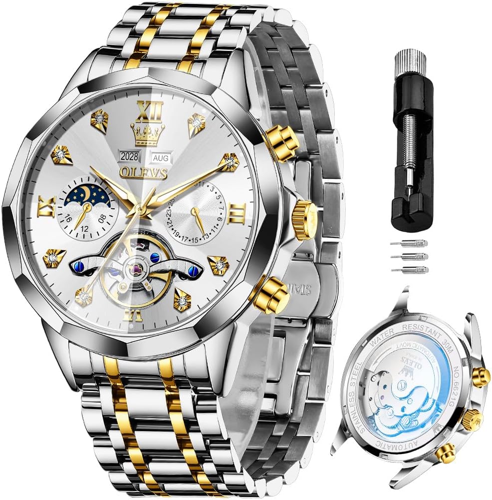 Reloj OLEVS Skeleton para Hombre Automático de Negocios Lujo con Diamante, Reloj Automático de Carga, Reloj de Pulsera con Calendario de Acero Inoxidable