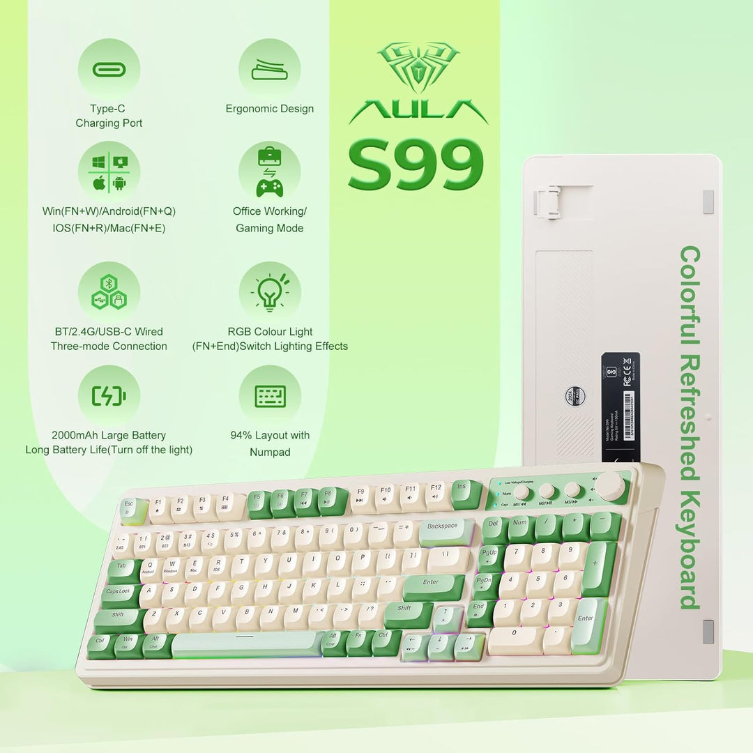 AULA Teclado Gaming S99, Teclados de Computadora Inalámbricos, Tri-...