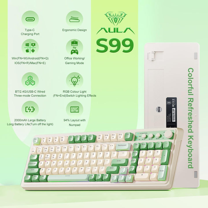 AULA Teclado Gaming S99, Teclados de Computadora Inalámbricos, Tri-...
