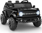 First Ride On Juguetes de paseo de 24 V para niños grandes, auto base Ford Bronco con licencia de 2 plazas, automóvil eléctrico para niños con control remoto para padres, Bluetooth, cinturones de seguridad, suspensión de resorte y LED (negro)