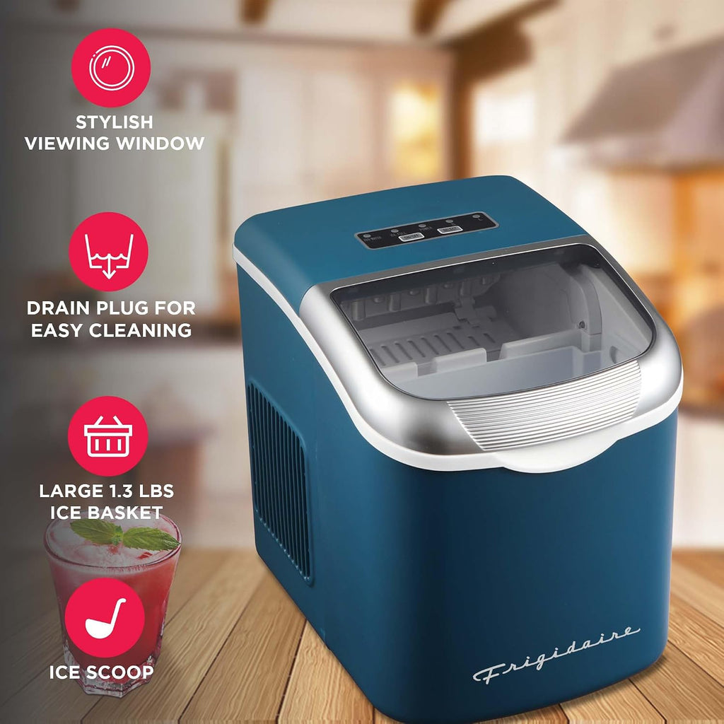FRIGIDAIRE Máquina de hacer hielo compacta retro, hielo bala, 26 libras por día (azul)