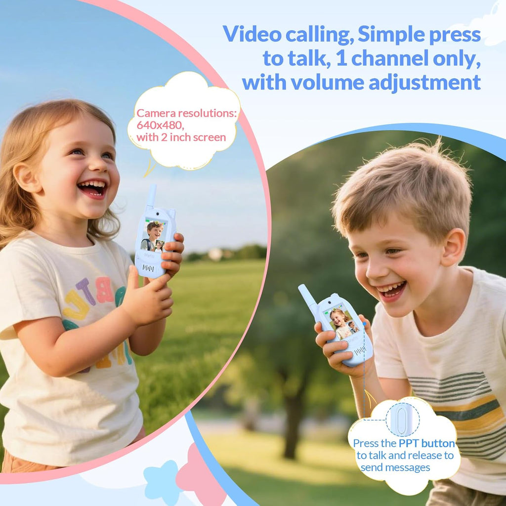 Mafiti Walkie Talkies de video para niños, paquete de 2 juguetes recargables de alcance de 1000 pies para niños de 3, 4, 5, 6, 7, 8 años, regalos de cumpleaños (azul + azul)